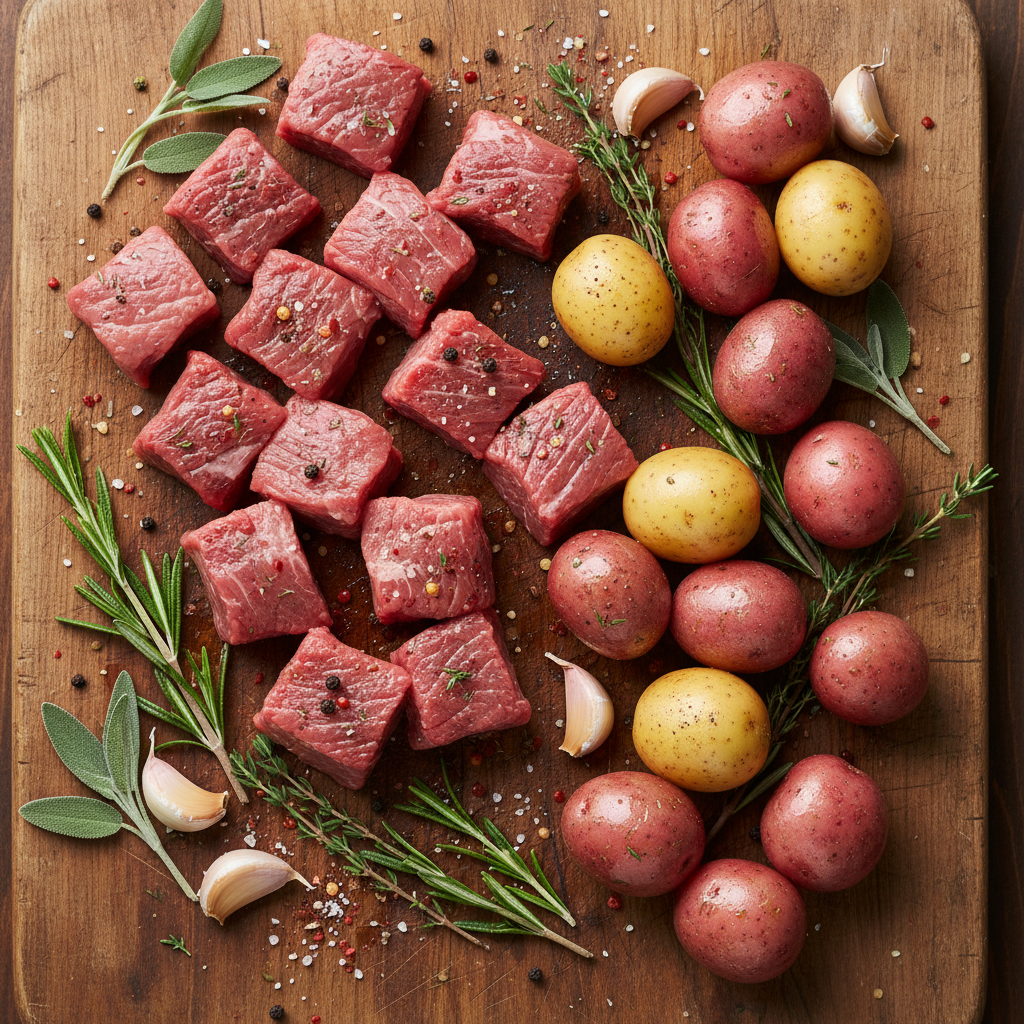 Ingredients for slow cooker garlic butter beef bites with potatoes