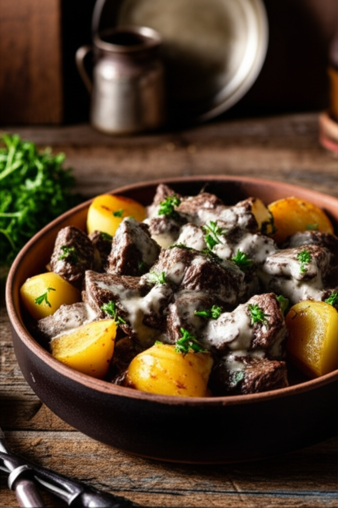 Slow cooker beef bites with garlic butter and potatoes