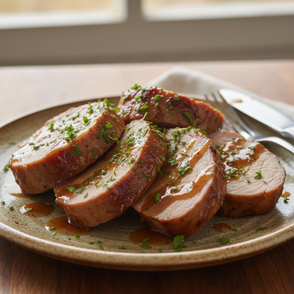 Plated serving suggestion for pork tenderloin with sides