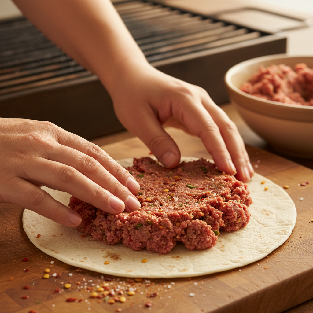 Seasoned beef smashed onto tortilla in skillet