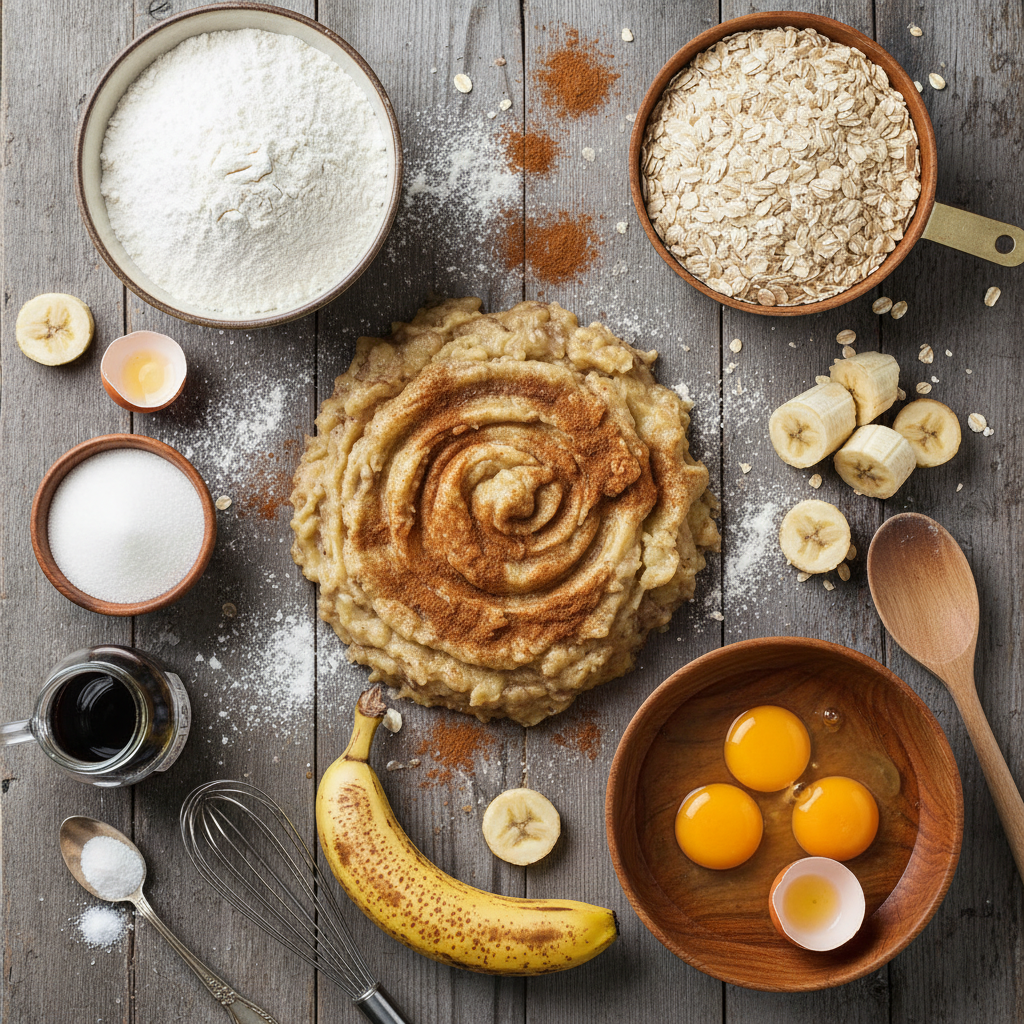 Ingredients for Snickerdoodle Banana Bread laid out on kitchen counter