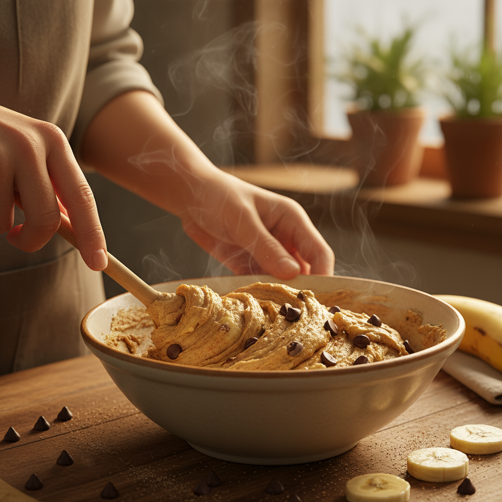 Folding chocolate chips and resting dough for Banana Chocolate Chip Cookies
