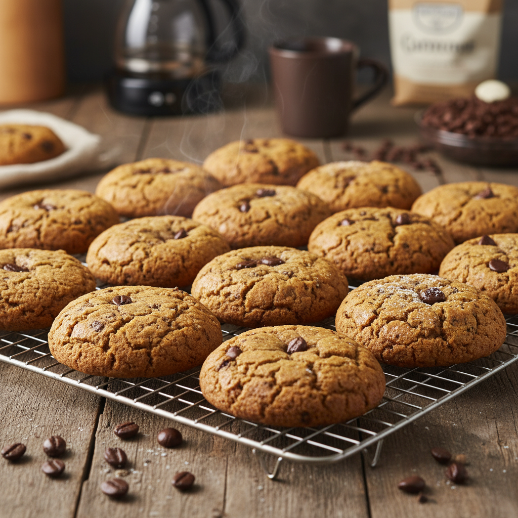 Soft coffee cookies on a wire rack cooling