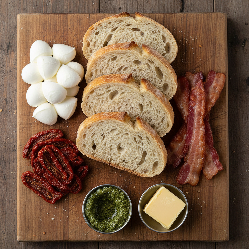 Ingredients for Pesto Grilled Cheese Laid Out