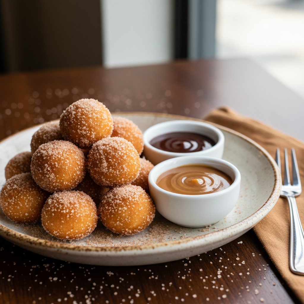 Finished churros poppers with dipping sauces
