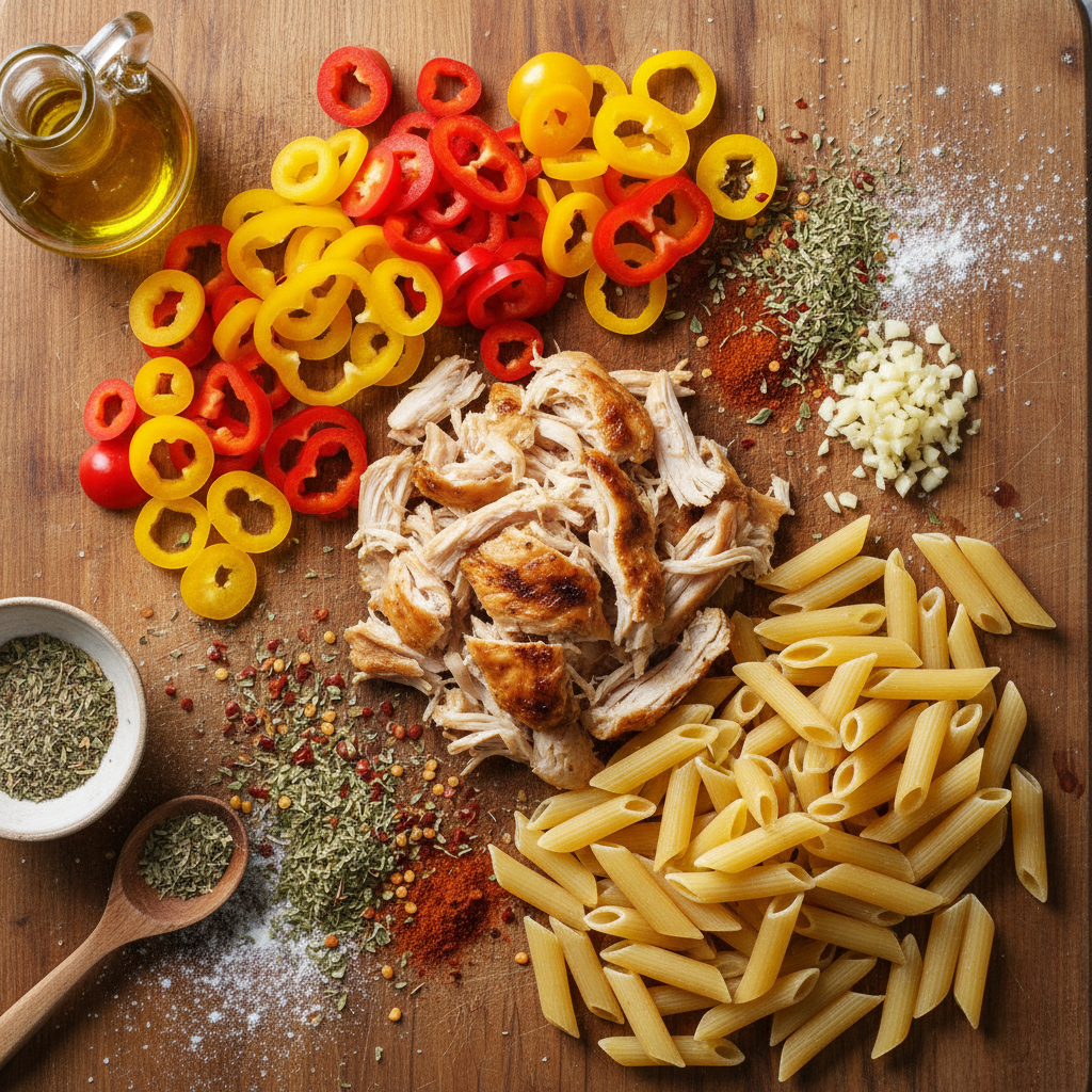 Ingredients for Southwest Chicken Alfredo featuring rotisserie chicken, bell peppers, and cream