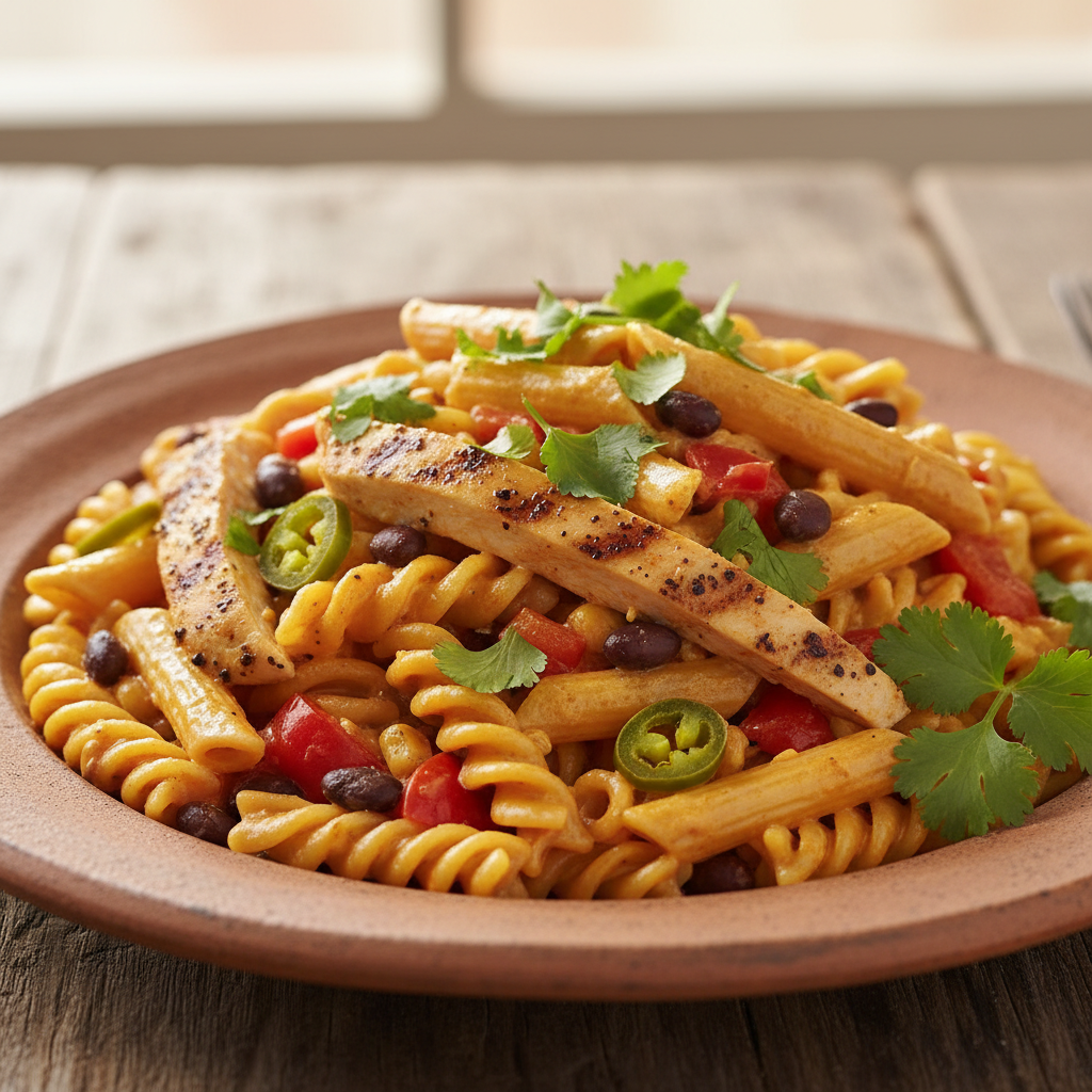 Served Southwest Chicken Alfredo with garnishes and storage tip reminder