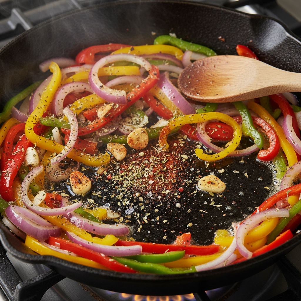 Cooking peppers, onions, and seasonings in skillet for Southwest Chicken Alfredo