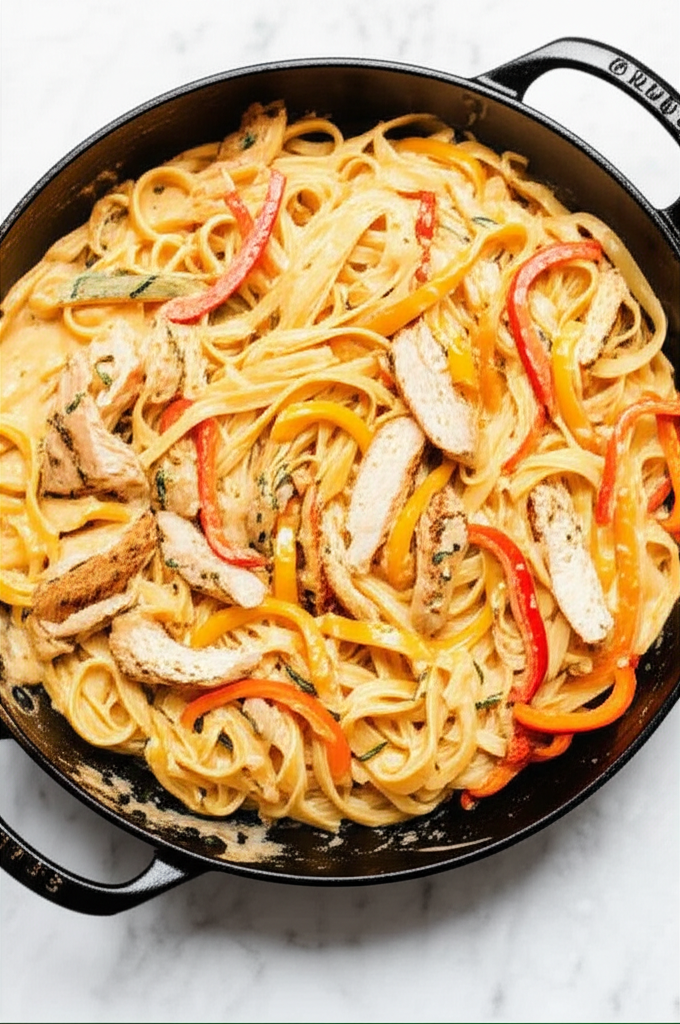 Southwest Chicken Alfredo in a bowl with creamy sauce and peppers