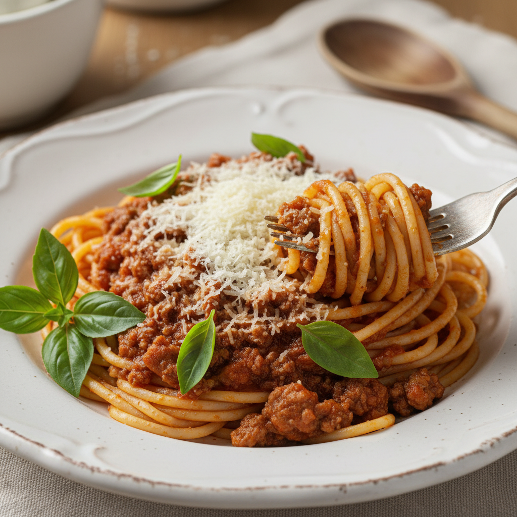 Finished spaghetti with meat sauce served in a bowl garnished with basil and cheese