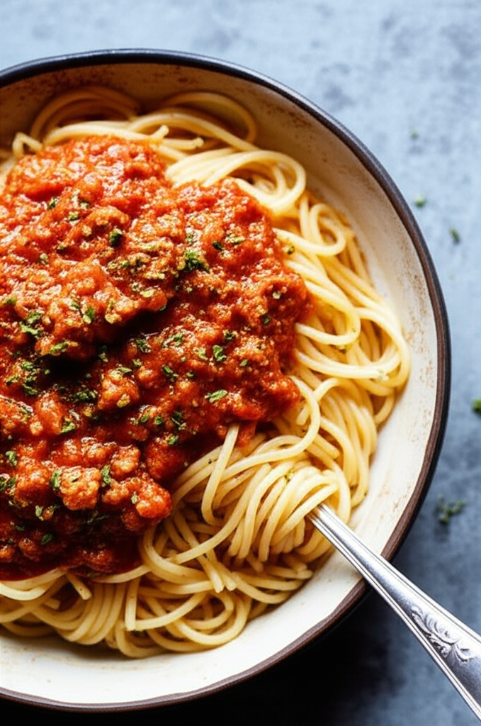 Family enjoying homemade spaghetti with meat sauce