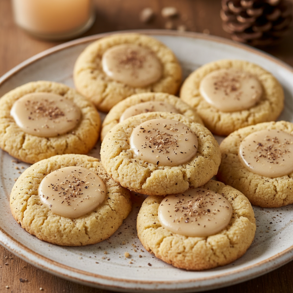 Completed spiced eggnog thumbprint cookies on a serving plate