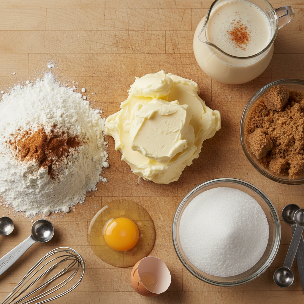Ingredients for eggnog thumbprint cookies