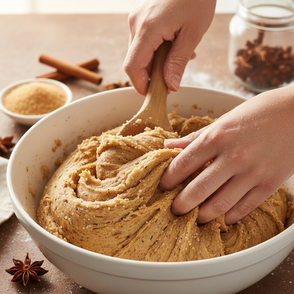 Mixing the dough for spiced eggnog cookies