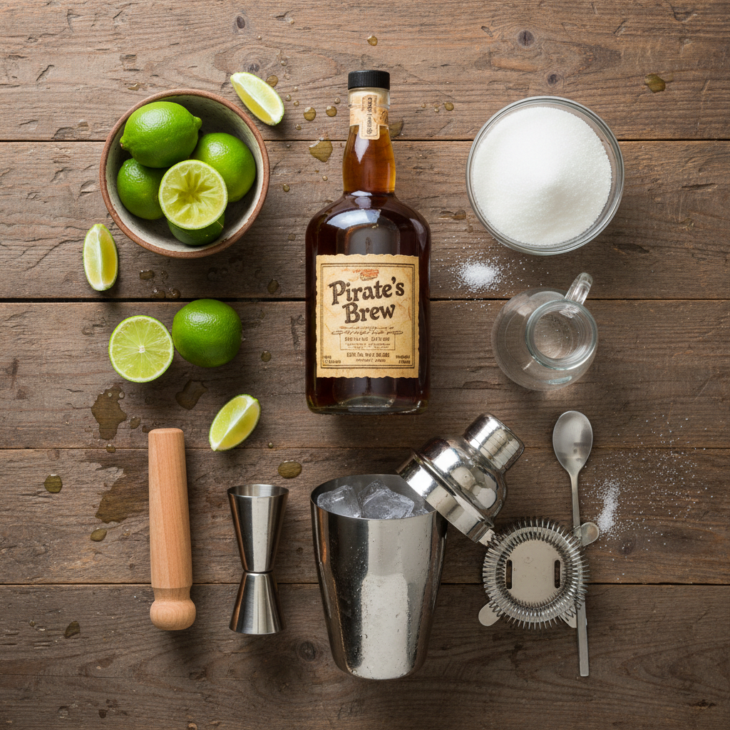 Ingredients for Spiced Rum Daiquiri on wooden table