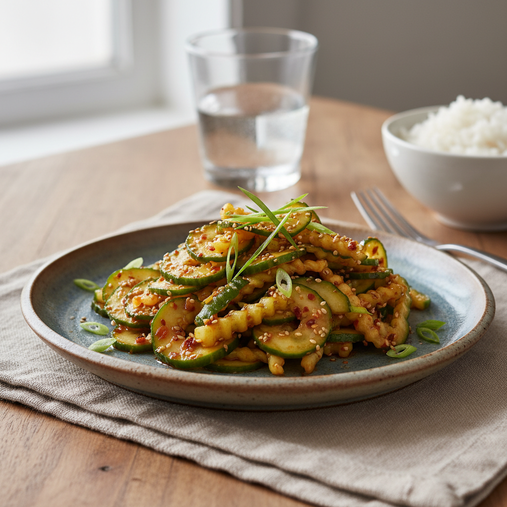 Served spicy cucumber salad alongside Asian chicken dishes