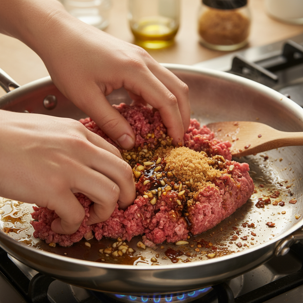 Cooking ground beef with garlic and spices in skillet