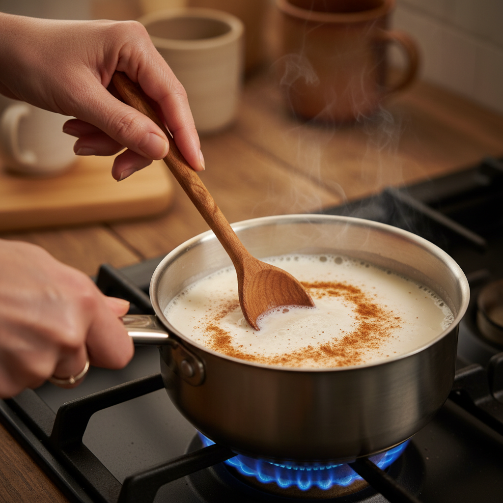 Warming milk and cinnamon in saucepan