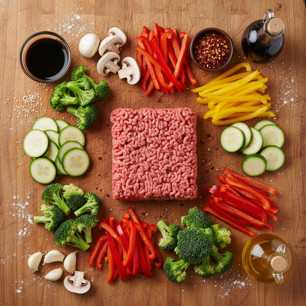 Ingredients for Spicy Ground Beef Stir-Fry Bowl neatly arranged