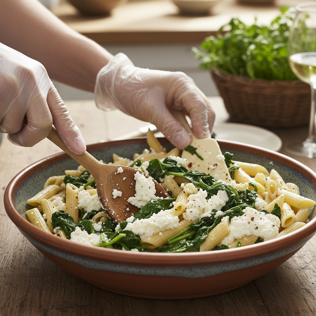 Ricotta mixture with sautéed spinach being combined