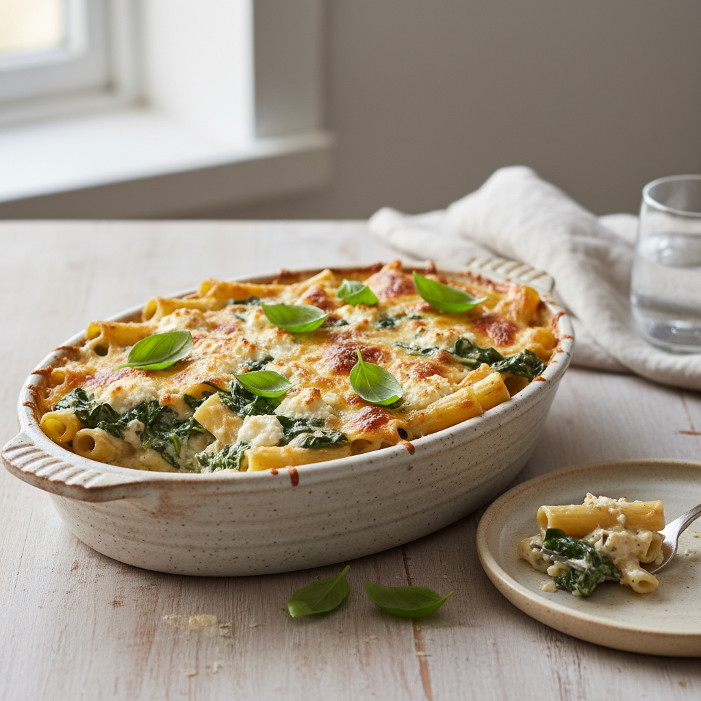 Baked Spinach and Ricotta Pasta ready to serve