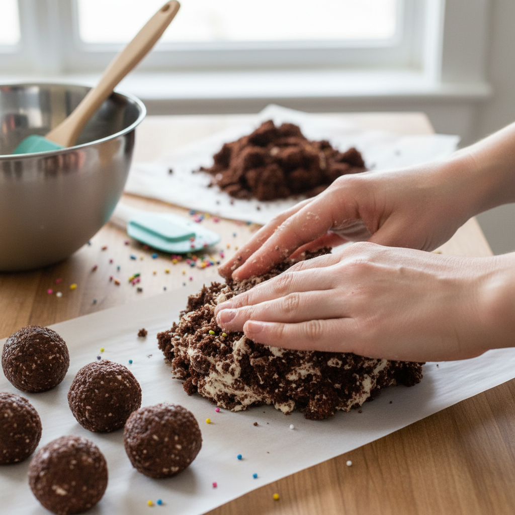 Shaping cake balls for Starbucks copycat cake pops