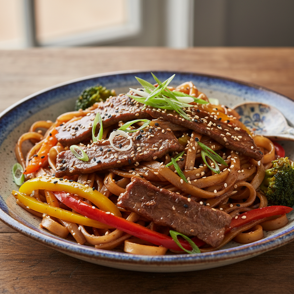 Close-up of sticky beef noodles with sesame seeds and green onions