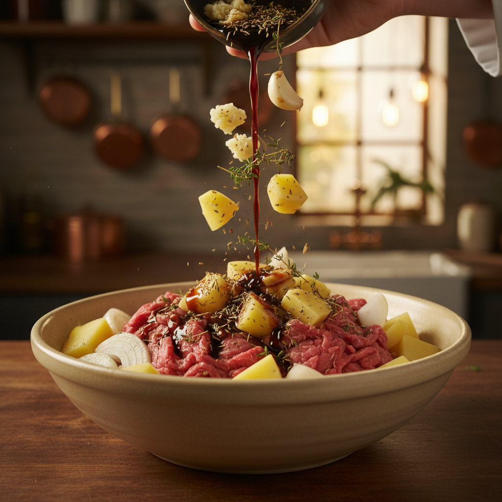 Marinating beef in a bowl with soy sauce and cornstarch