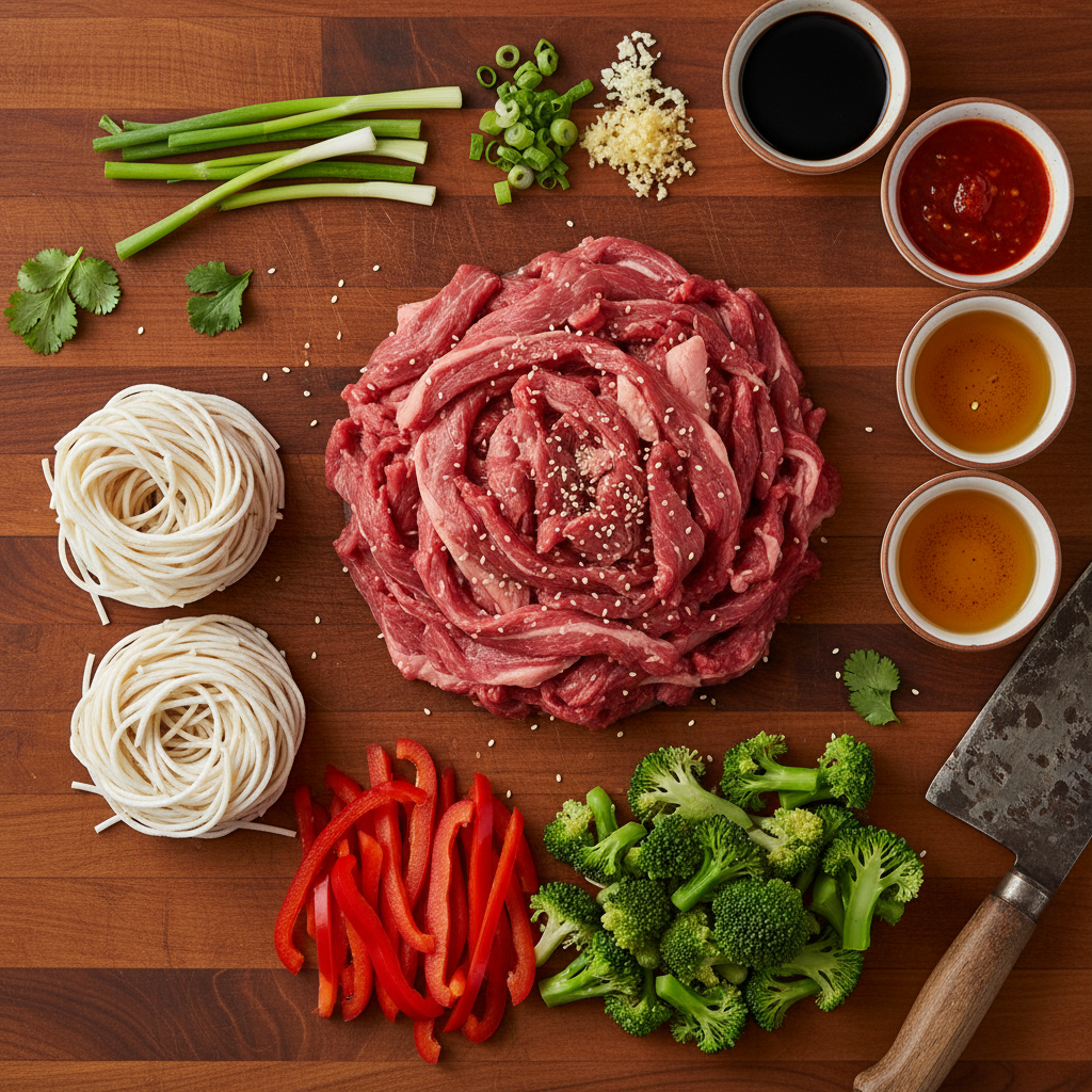 Ingredients laid out for sticky beef noodles