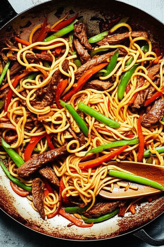 Sticky beef noodles plated with vegetables