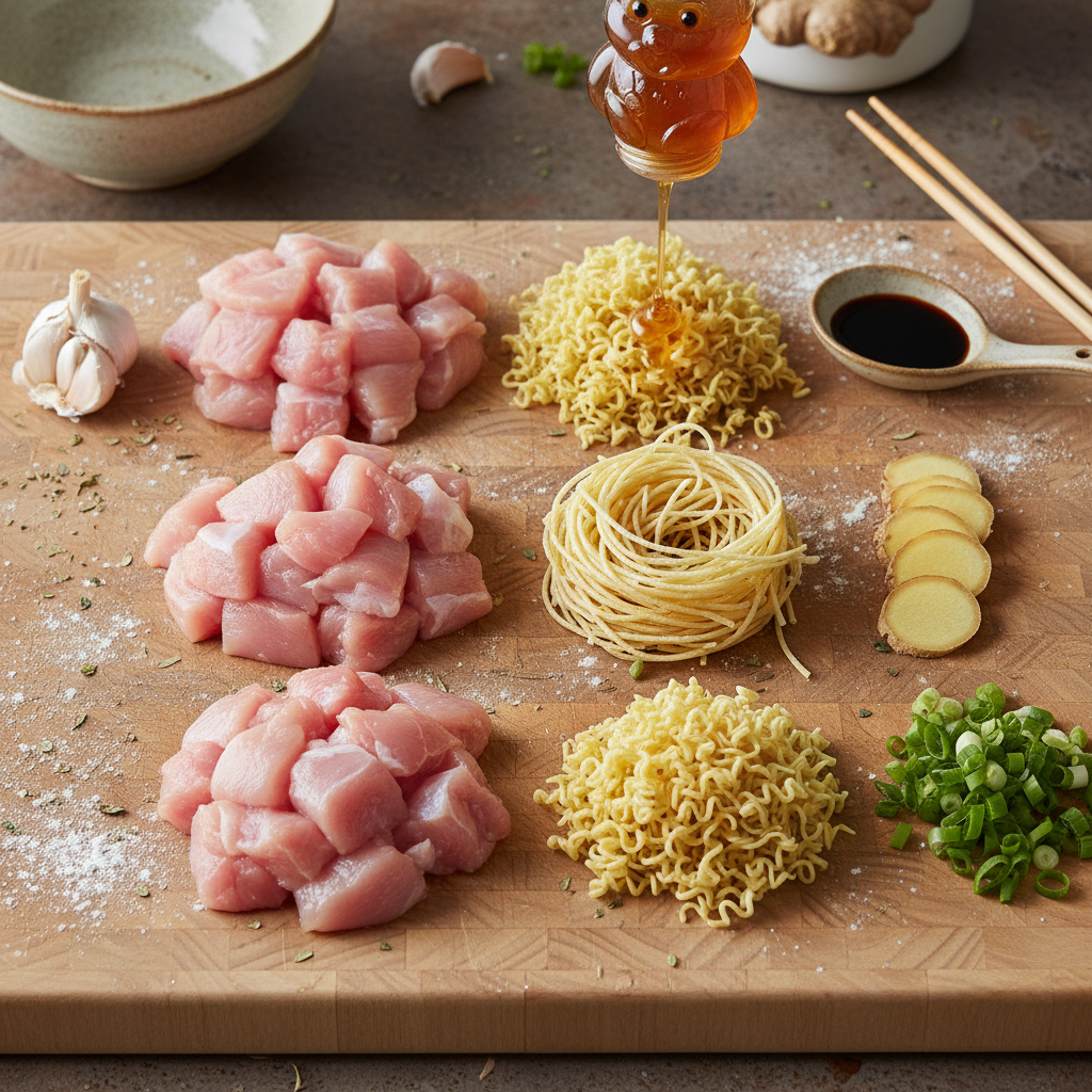 Ingredients laid out for sticky garlic chicken noodles