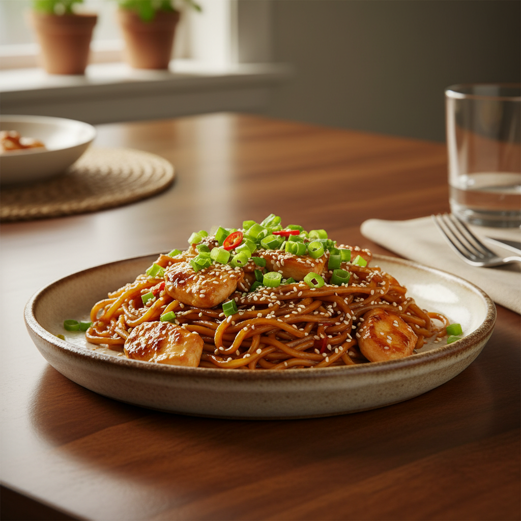 Served sticky garlic chicken noodles garnished with green onions and sesame seeds