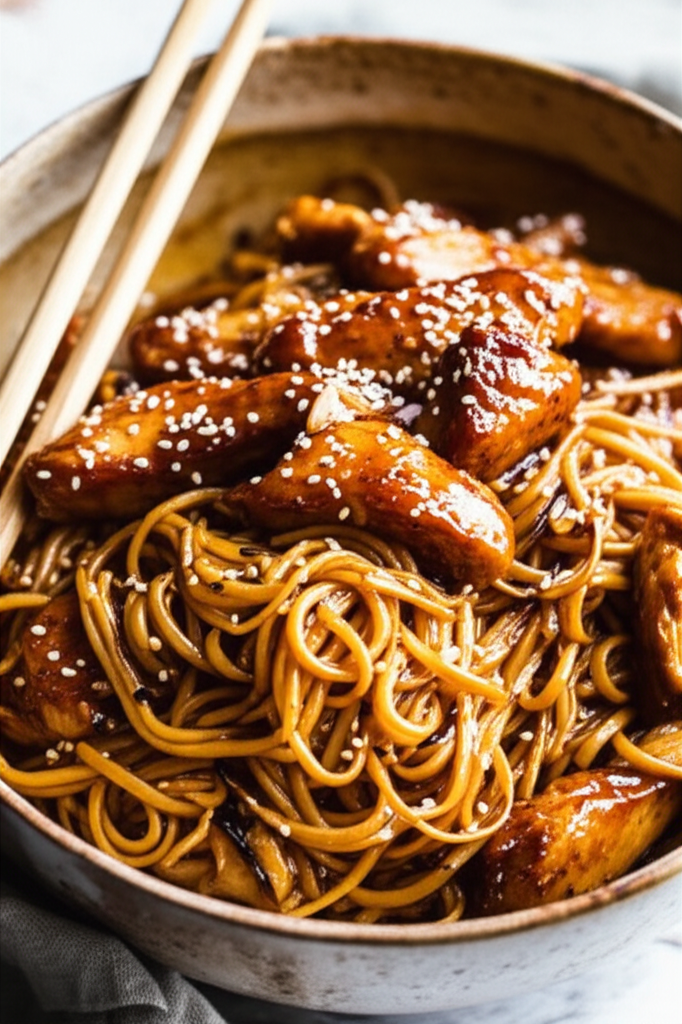 Sticky Garlic Chicken Noodles dish served in bowl