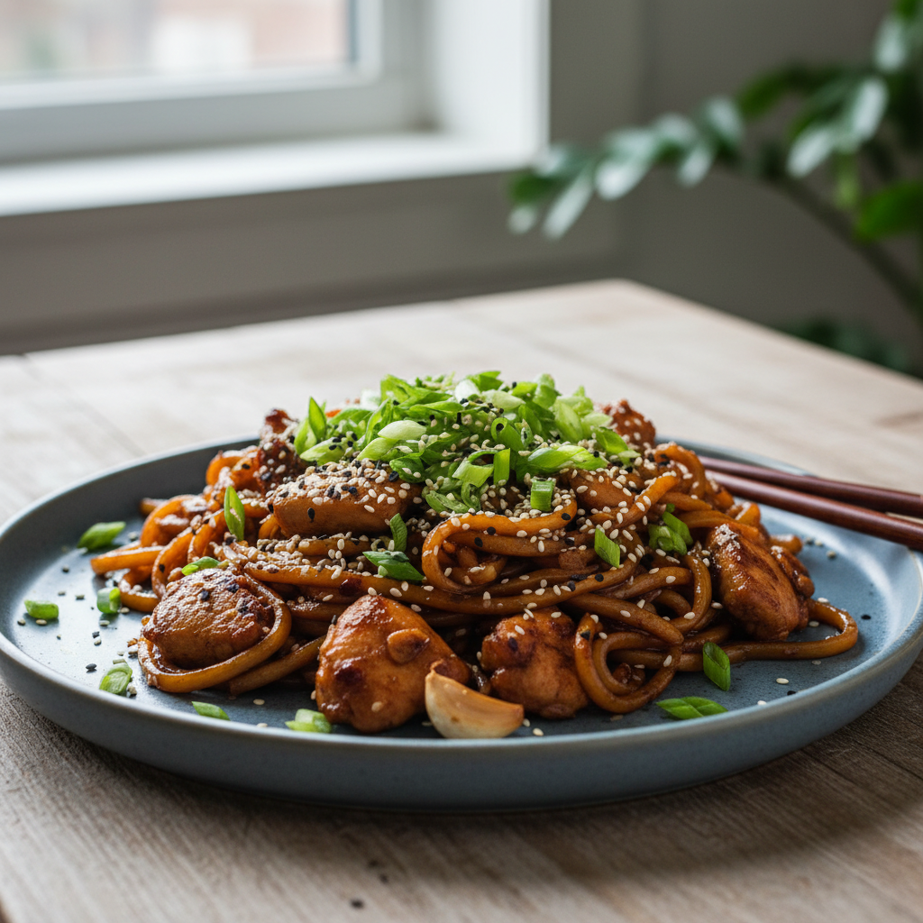 Sticky Garlic Chicken Noodles served with garnishes near conclusion