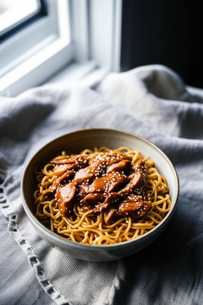 Sticky Garlic Chicken Noodles dish served in a bowl