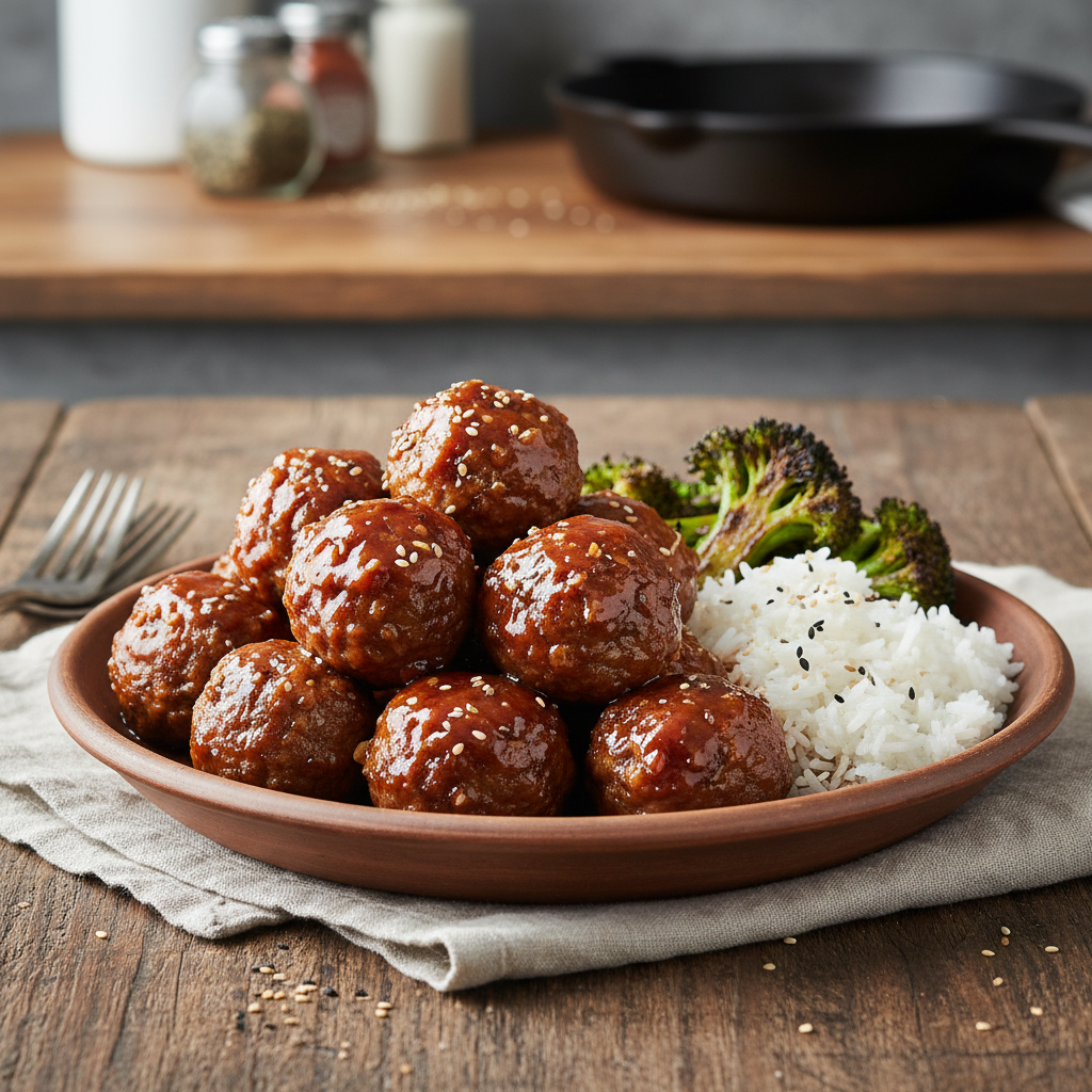 Served Sticky Mongolian Meatballs with rice and broccoli