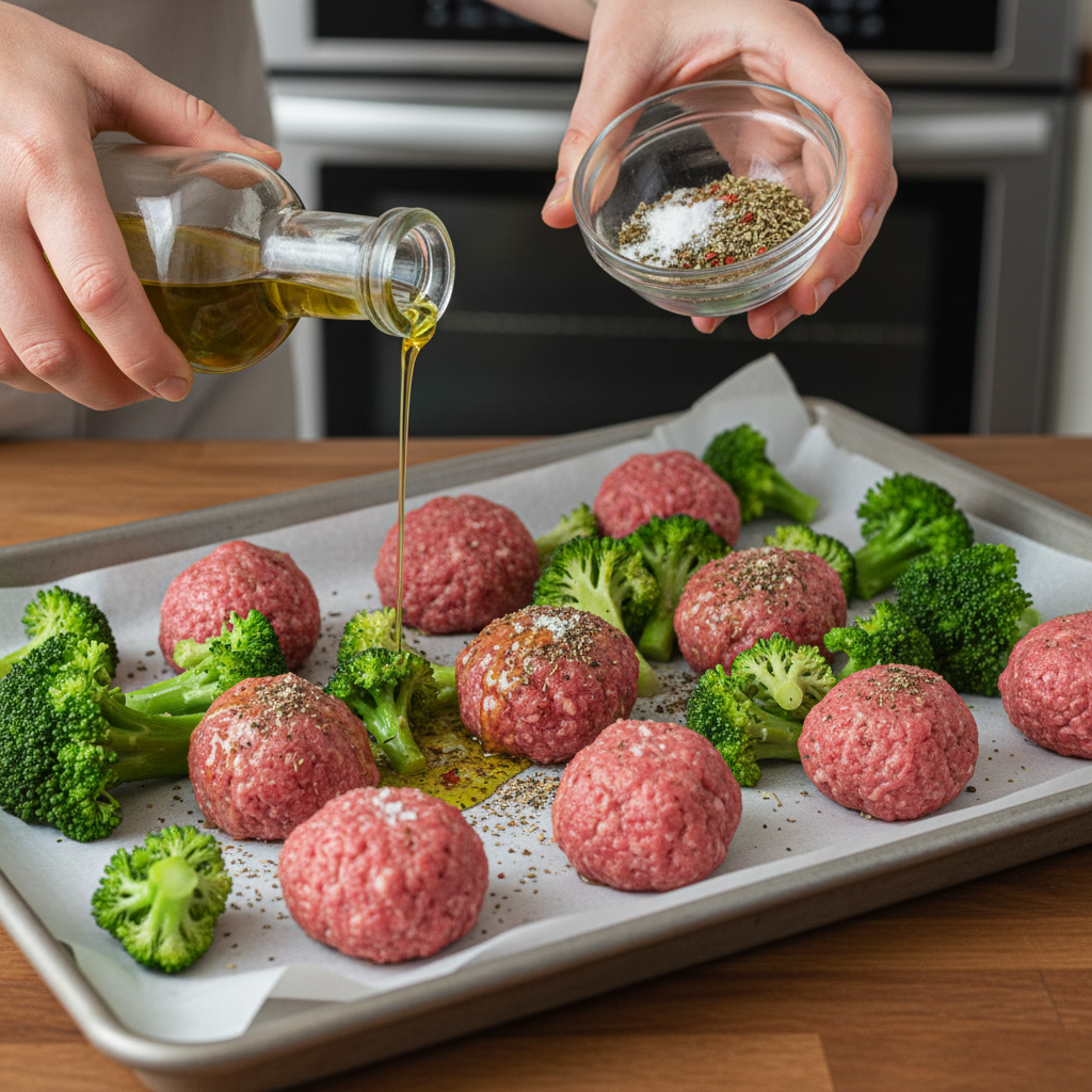 Baking Mongolian meatballs and broccoli on a sheet