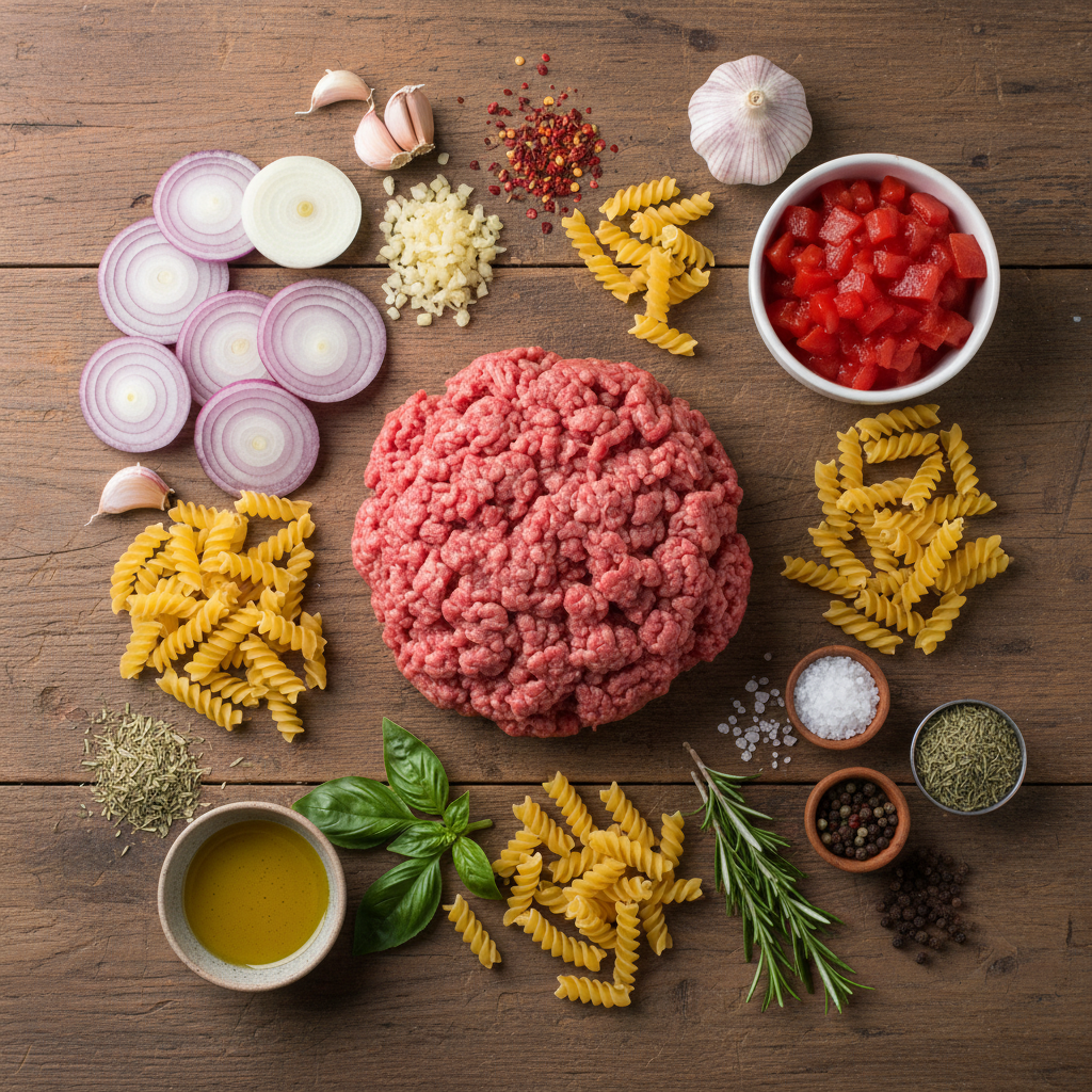 Ingredients for creamy ground beef pasta