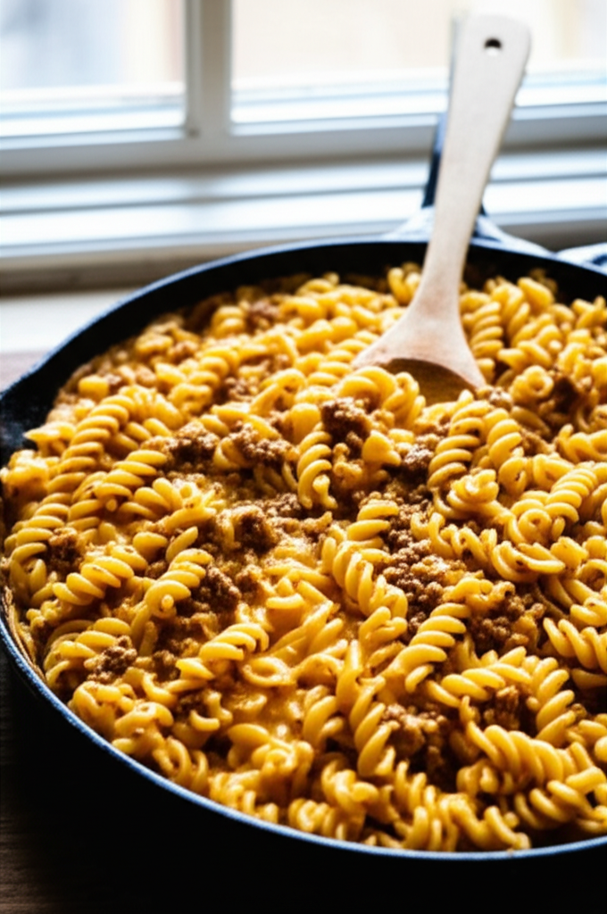 Creamy ground beef pasta ready to serve
