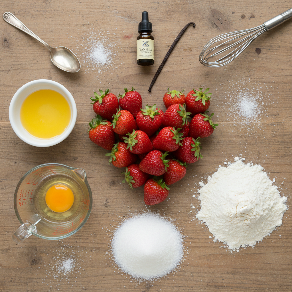 Ingredients for fresh strawberry blondies including strawberries and flour