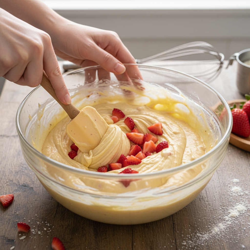 Folding fresh chopped strawberries gently into blondie batter