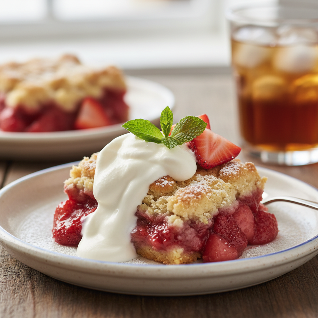 Strawberry cobbler served with cream