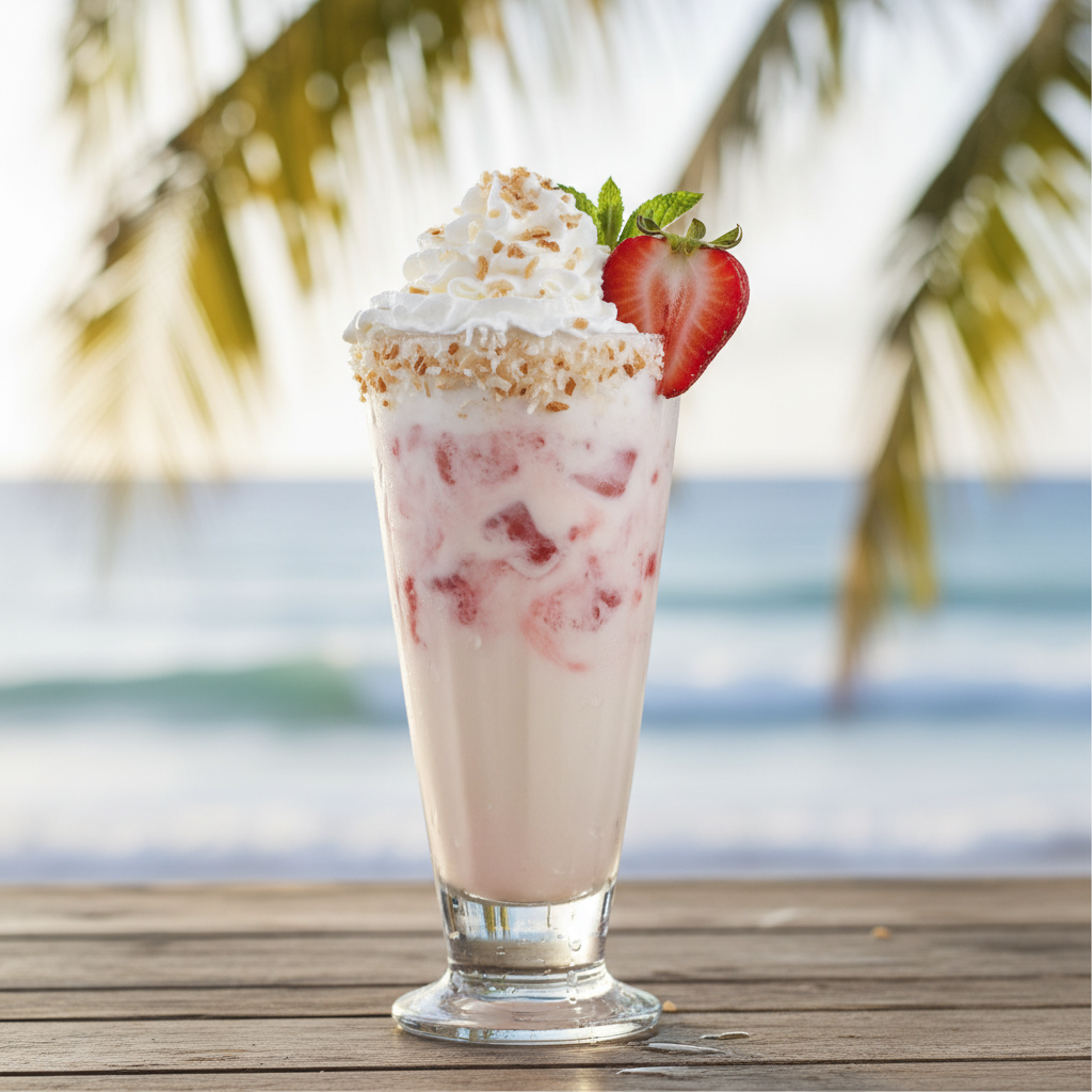 Decorated Strawberry Coconut Daiquiri with whipped cream and garnish