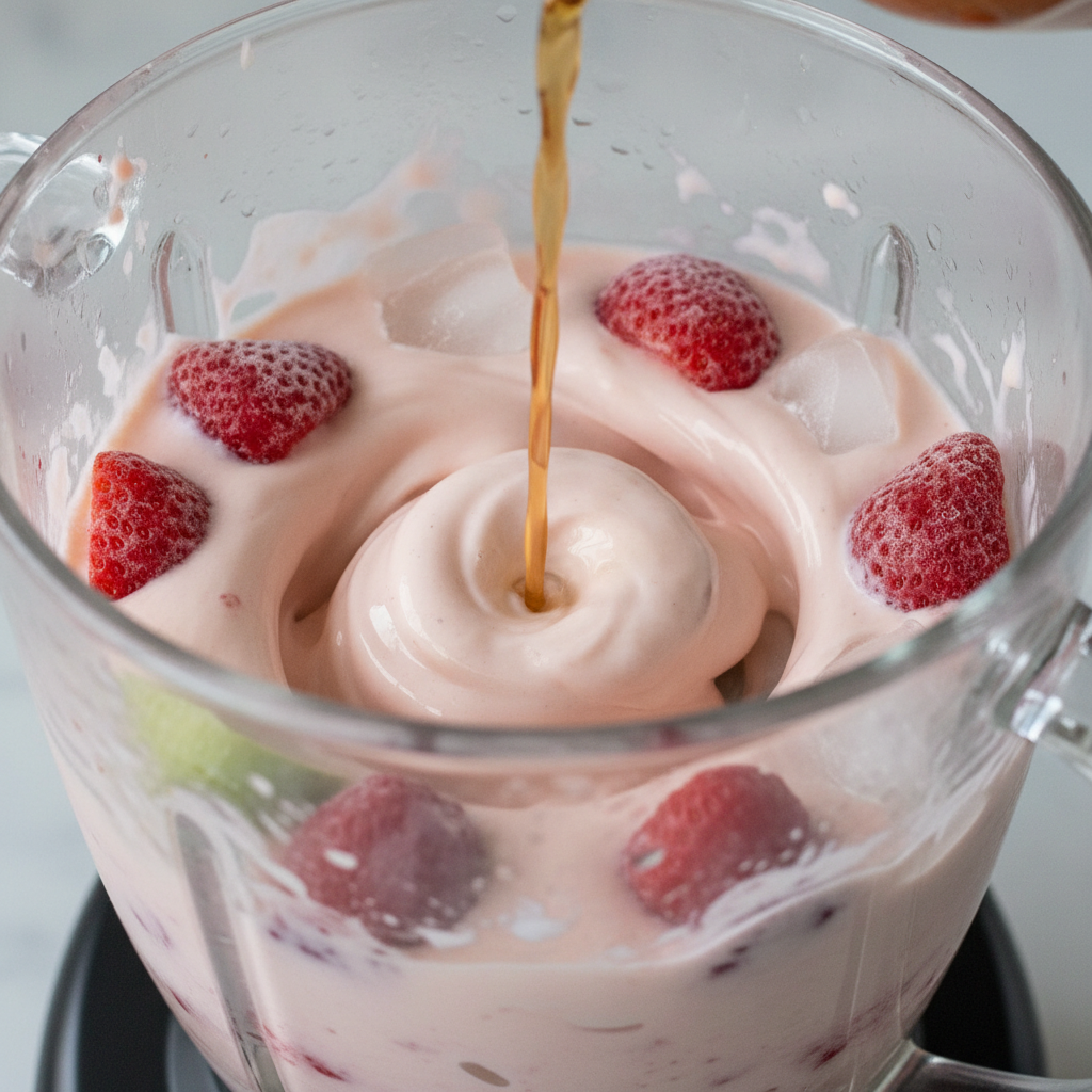 Blended Strawberry Coconut Daiquiri in blender