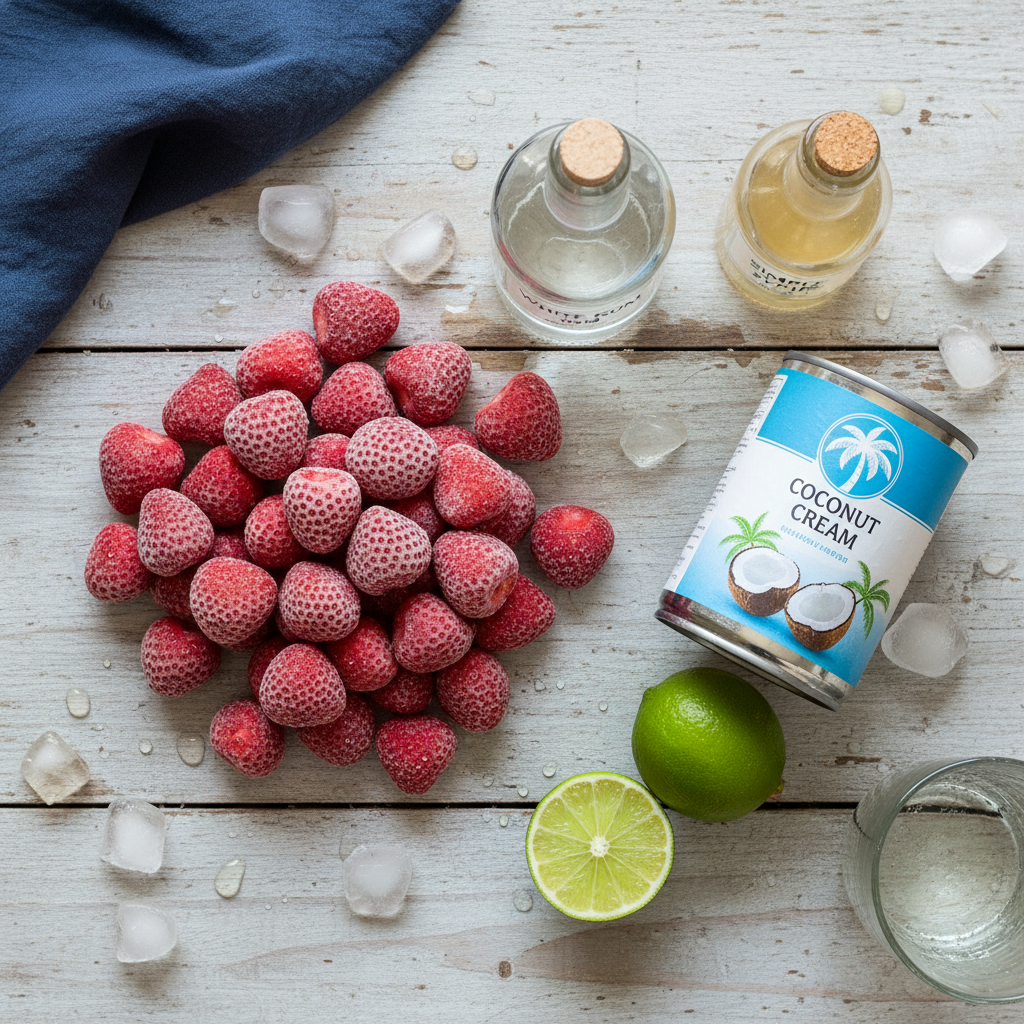 Ingredients for Strawberry Coconut Daiquiri laid out