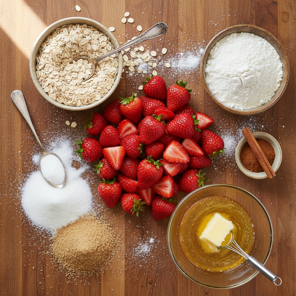 Ingredients for Fresh Strawberry Crisp: flour, oats, sugars, cinnamon, butter