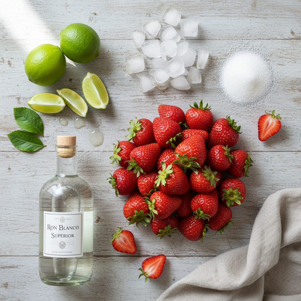 Ingredients and kitchen tools for strawberry daiquiri