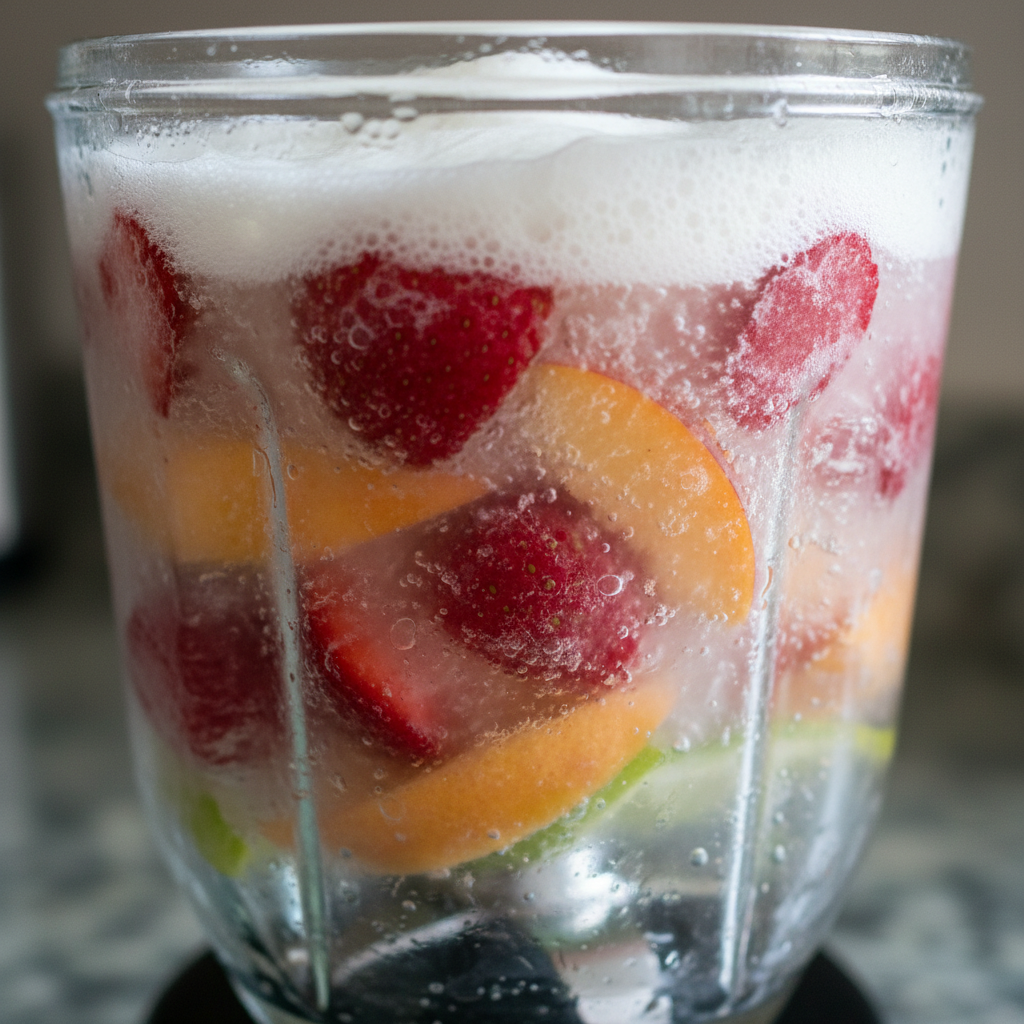 Ingredients for Strawberry Peach Daiquiri including strawberries, peaches, rum, lime juice, simple syrup, and ice