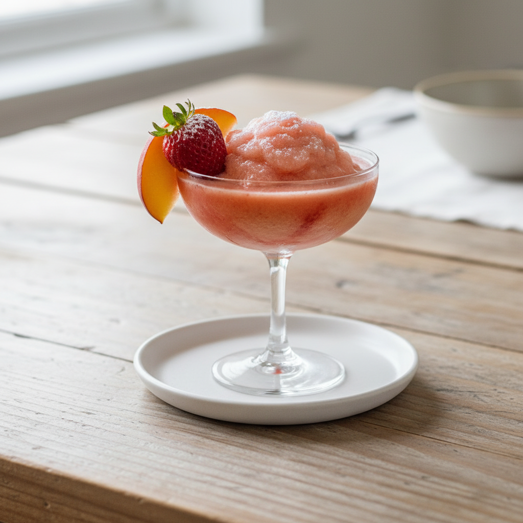Finished Strawberry Peach Daiquiri drink served with garnishes