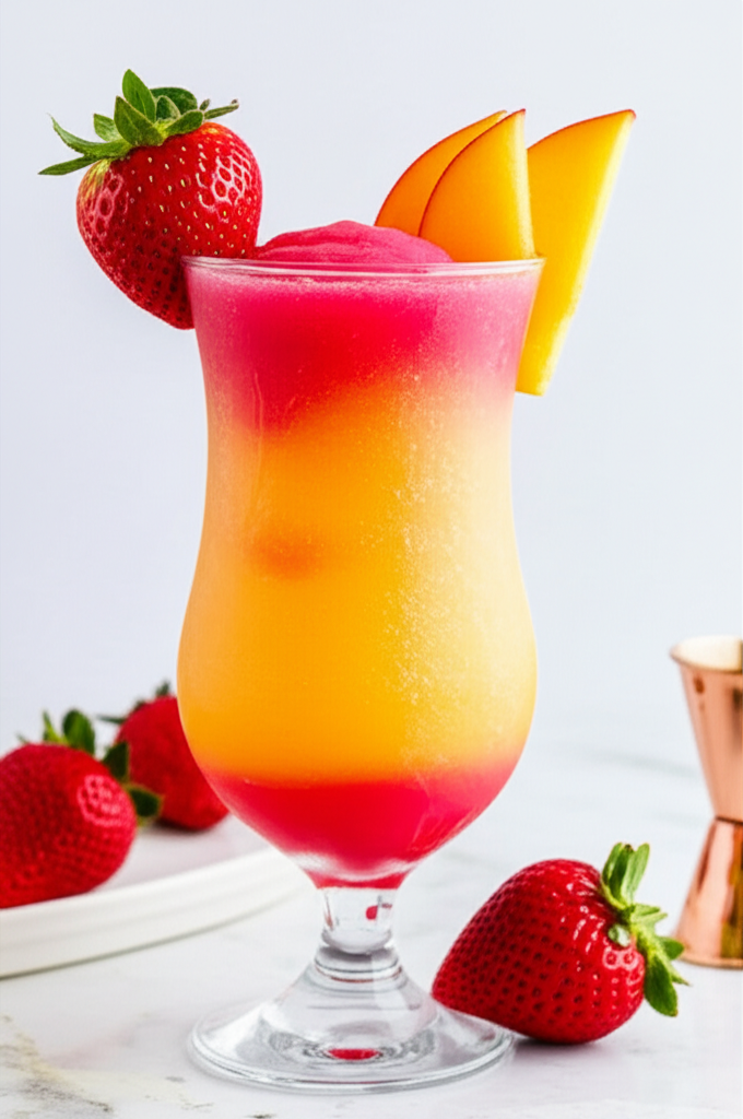 Strawberry Peach Daiquiri drink in glass with pink and yellow tones